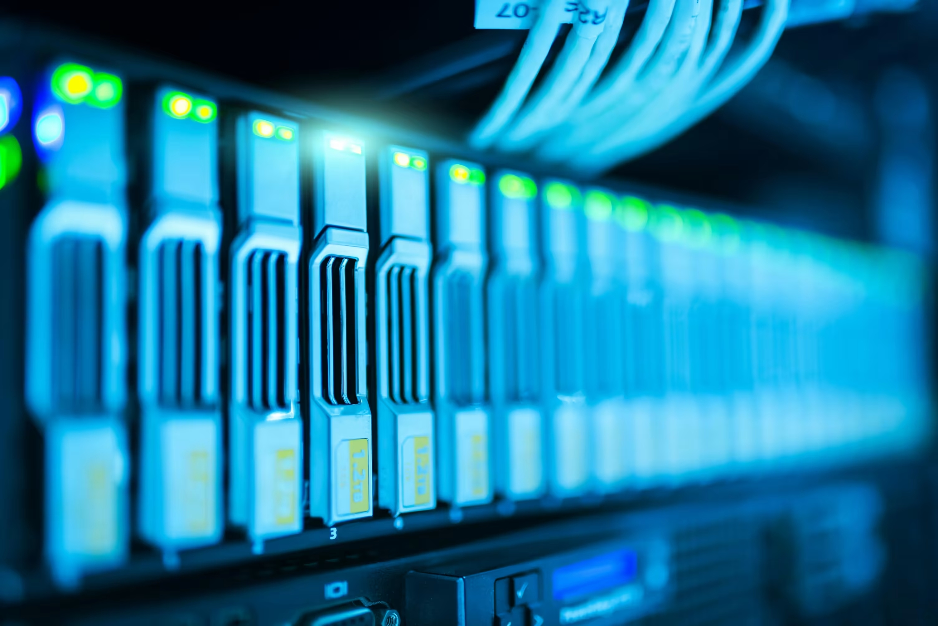 Close-up of HDD/SSD bays in a server rack, organized for optimal data storage.