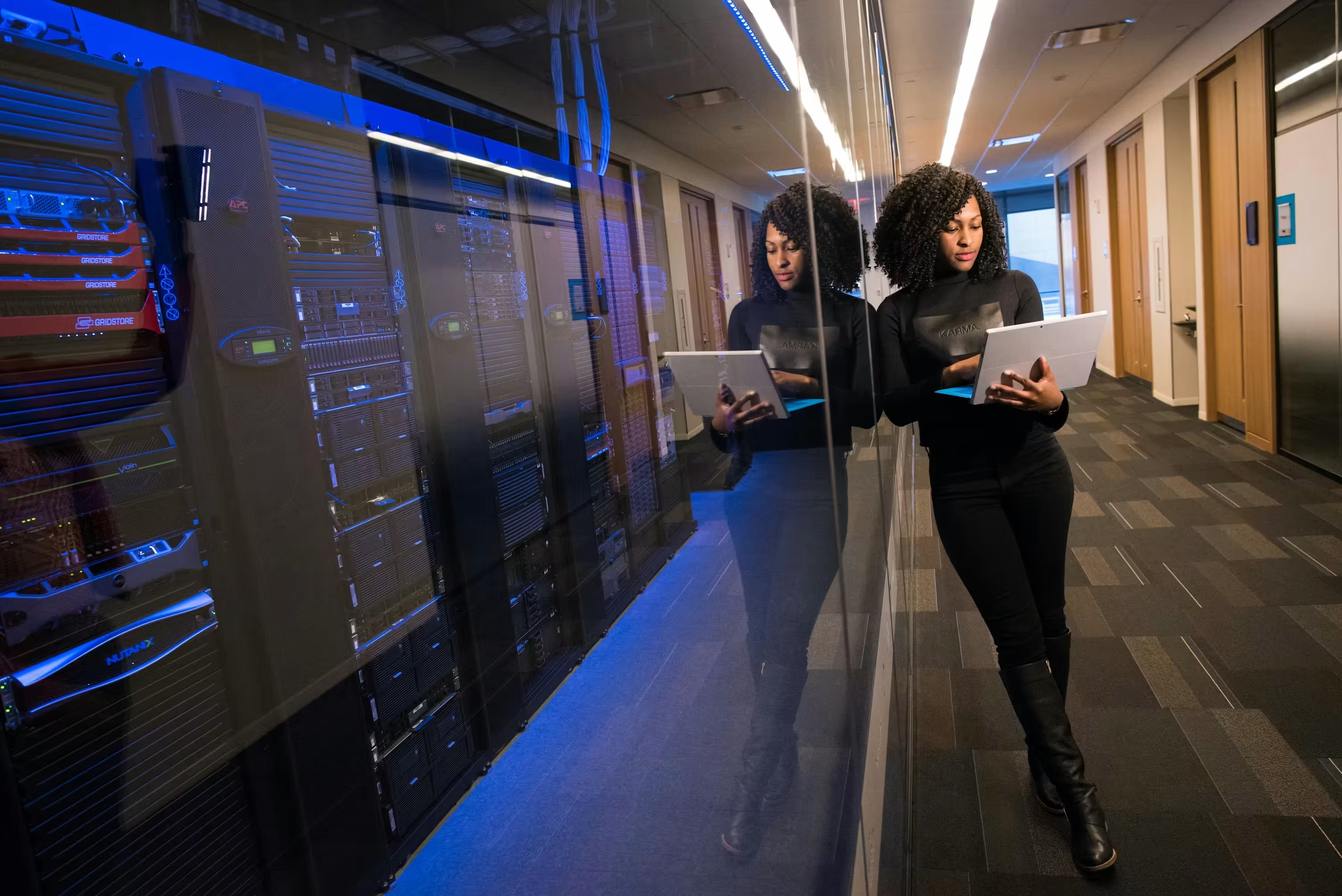 A secure server room with multiple racks of servers.